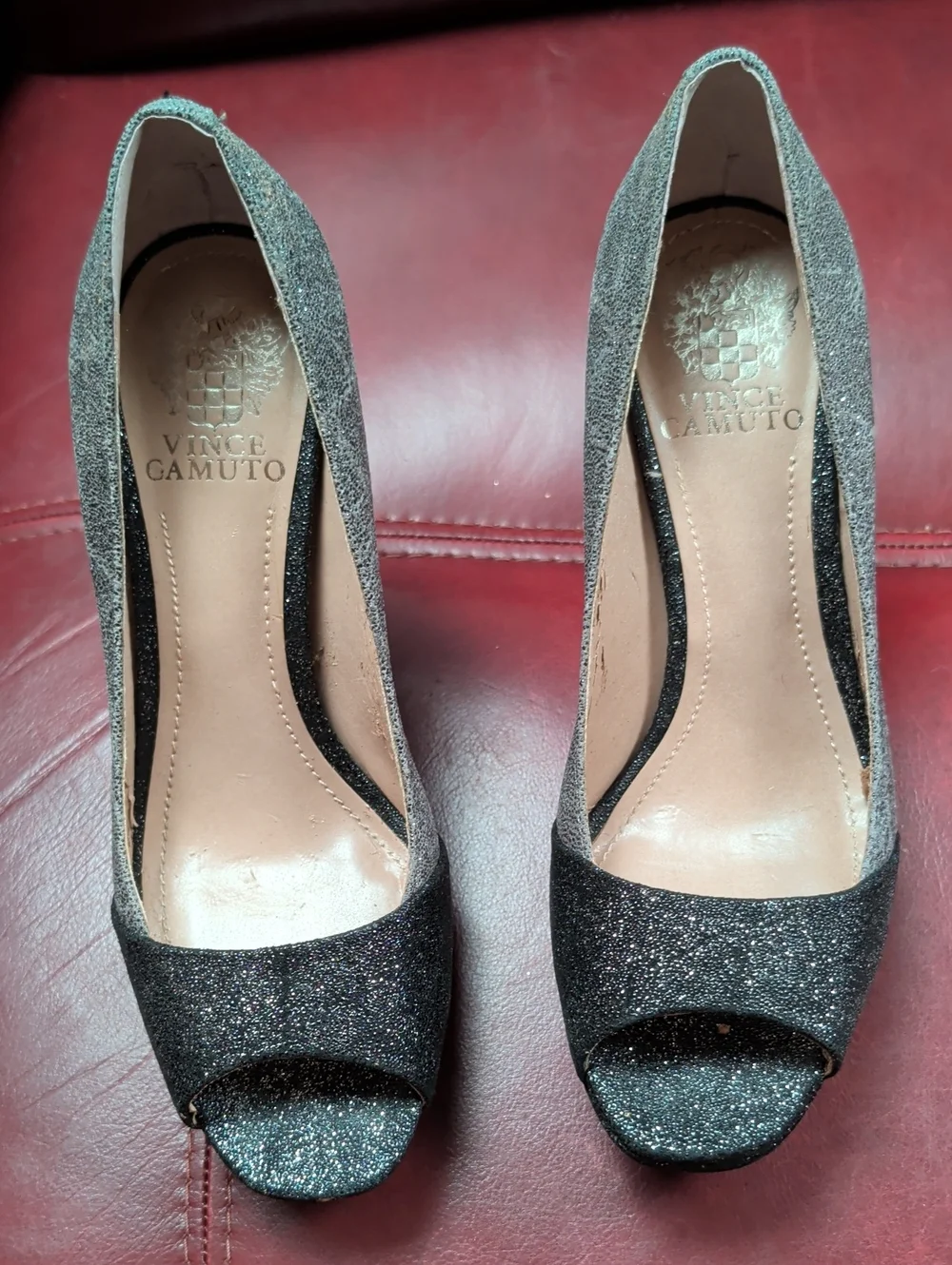 Vince Camuto Two-Tone Glitter Peep-Toe Pumps - Black & Sliver Size 6